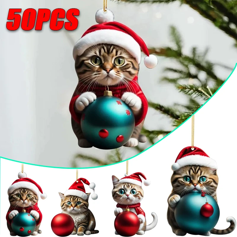 

50PCS Christmas Charms Car Rearview Mirror Charms Cute Cat Charms Christmas Gifts Christmas Tree Charms Home Decorations