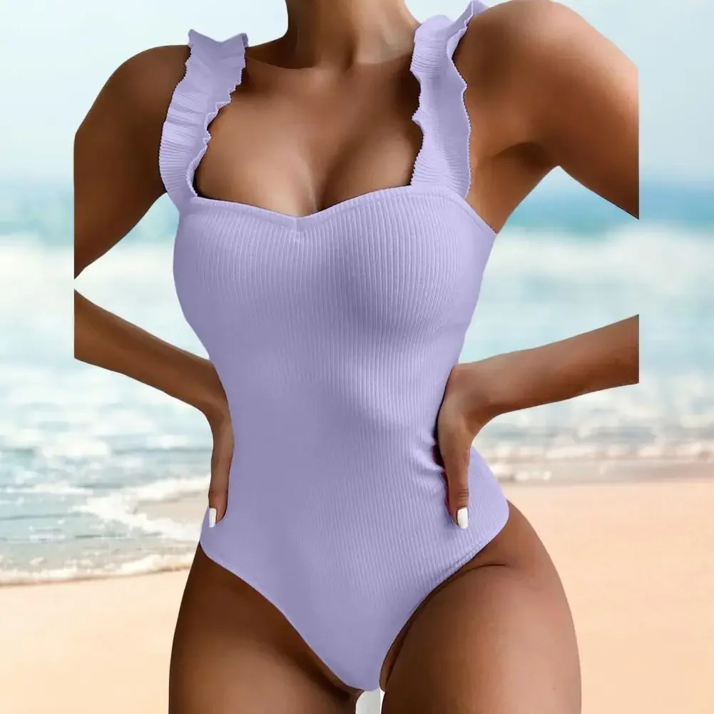 Dames Monokini Backless Ruffle Vierkante kraag Schouderbanden Geribbelde bodysuit Badpak Effen kleur Bikini uit één stuk Strandkleding