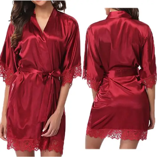 Vestido de seda para mulheres, pijamas femininas, mini robe, meia manga, roupão de renda, lingerie sexy, vestido de noite, camisola tangas