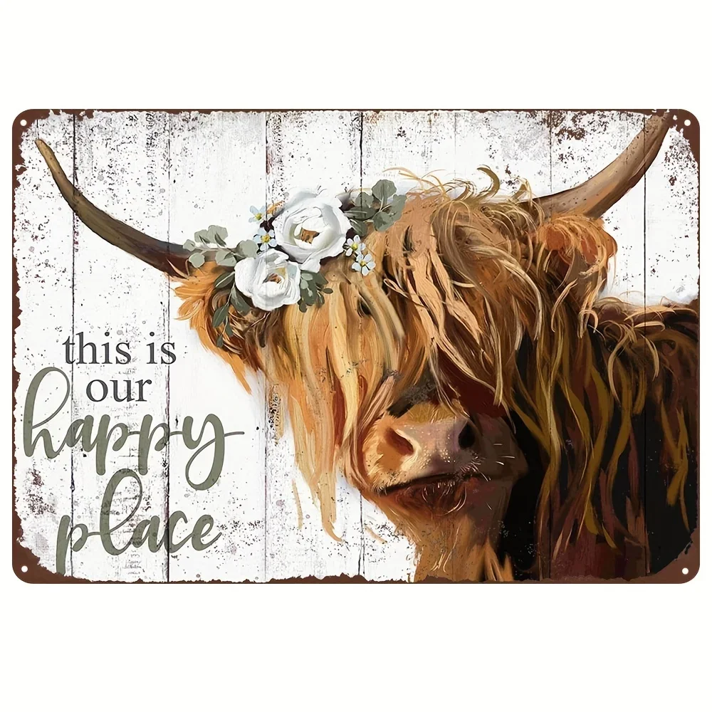 1pc Metal Sign Highland Cow Wall Art This Is Our Happy Place Inspirational Long Haired Scottish Cow With White Flower Picture