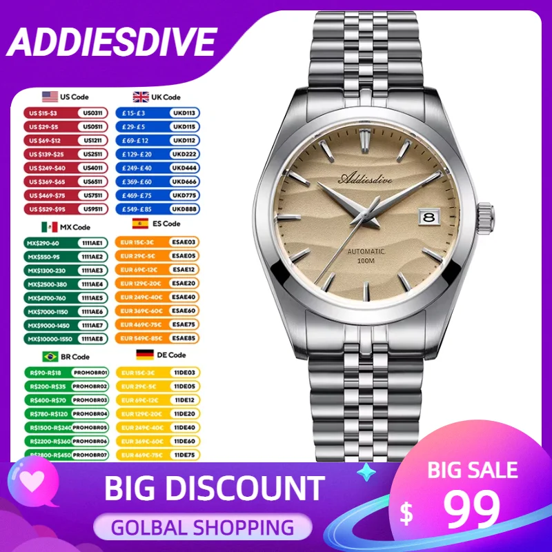 ADDIESDIVE Роскошные автоматические механические часы AD2059 39 мм из нержавеющей стали с текстурой пустыни для дайвинга 100 м водонепроницаемые повседневные часы NH35
