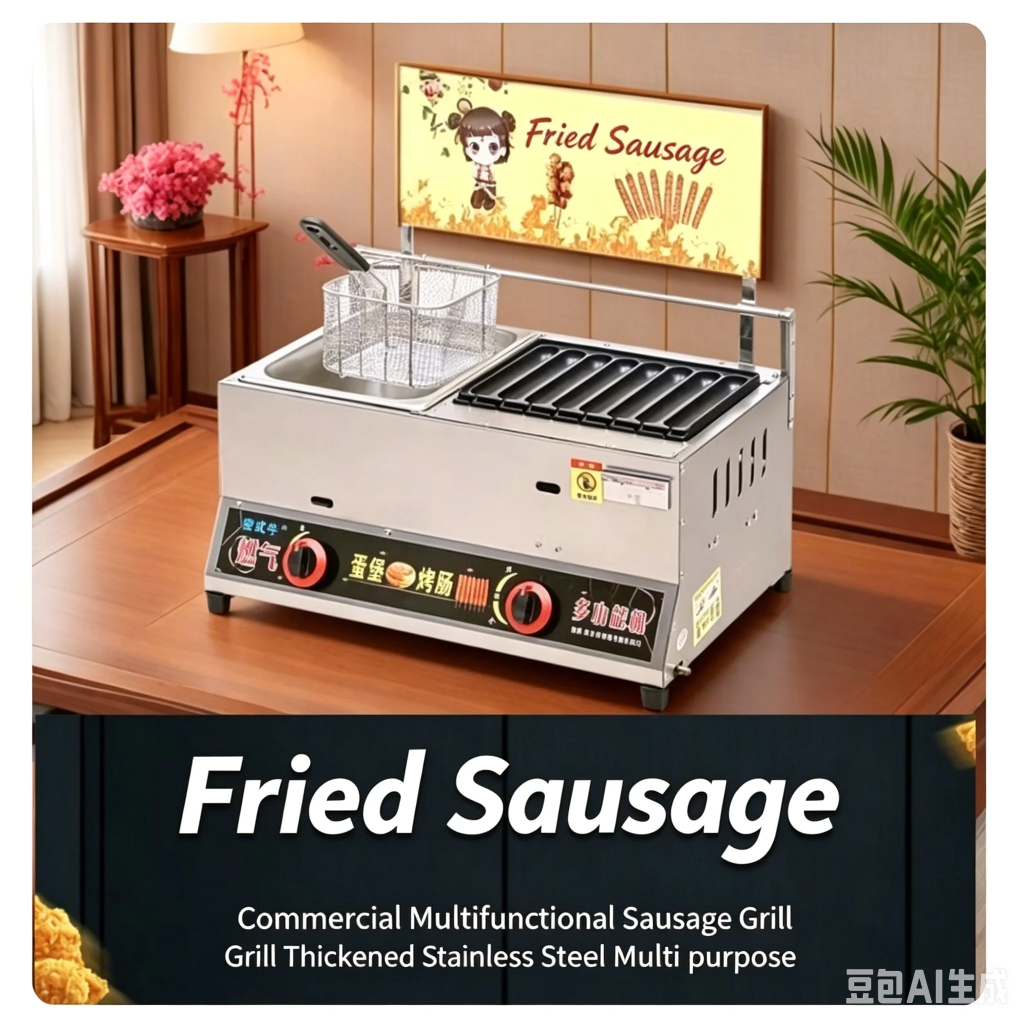 Commercial Gas Sausage Griller & Deep Fryer 2 In 1 Combo Machine LPG Gas Starch Hot Dog Roller Grill Fry Pan Integrated Equipmen