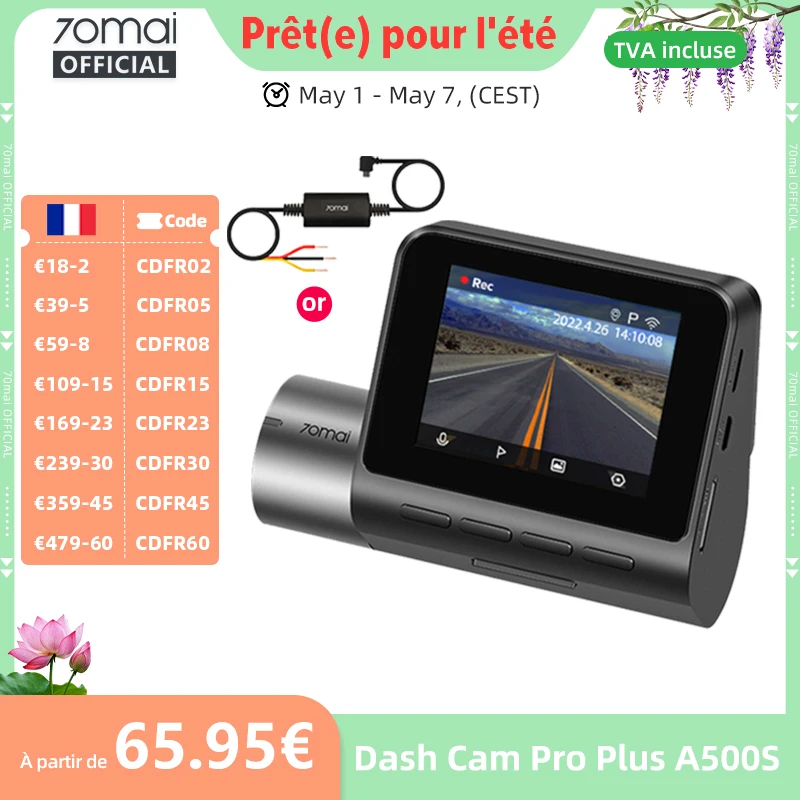 70mai-Caméra avant DVR de voiture avec vision nocturne, caméra de tableau de bord Pro Plus, GPS intégré, prise en charge WiFi, caméra arrière, enregistreur A500S, 1944P