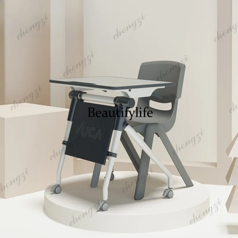 Folding training table and chair combination mobile office conference table double tutoring strip study table