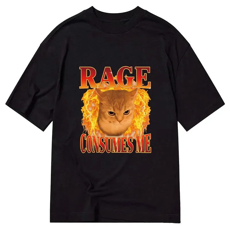 Angry Cat Meme T-Shirt Men Women Funny Fire Graphic Print Oversized Casual Streetwear Humorous Short Sleeve Tee Tops