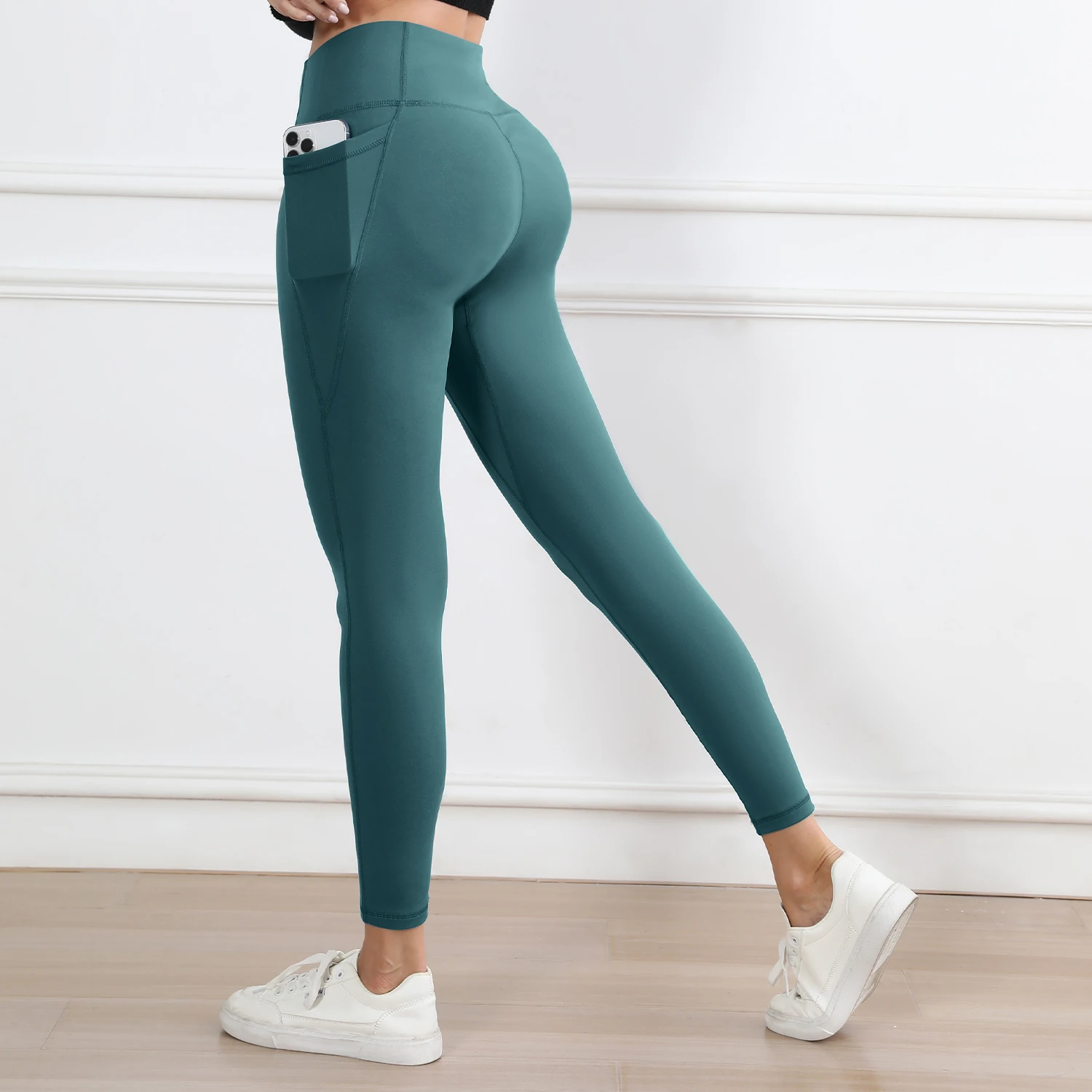 Damen-Leggings mit Taschen, einfarbig, hohe Taille, Po-Lifting, Workout-Strumpfhose, schmale elastische Hose, Freizeitkleidung
