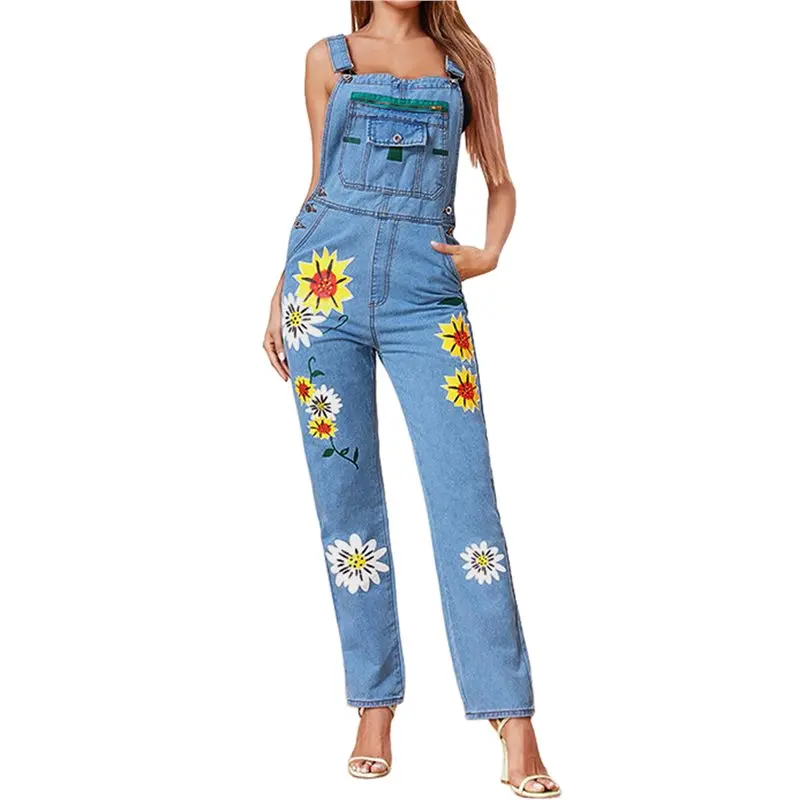 

CYL-Women's Flower Print Stretch Jeans Long Denim Bib Overalls Cute Denim Strap Jumpsuits