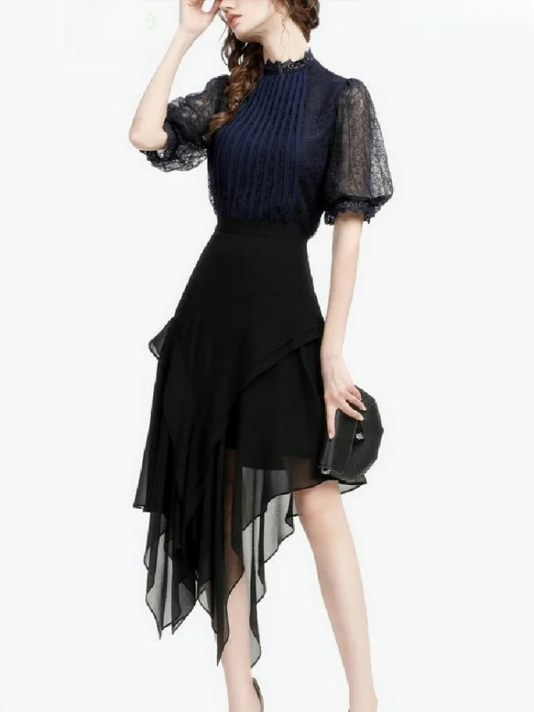 Summer Slimming High Waist Black Chiffon Midi Skirt Women\'s Asymmetrical Draped Waist-Cinching Thin Fabric Skirts