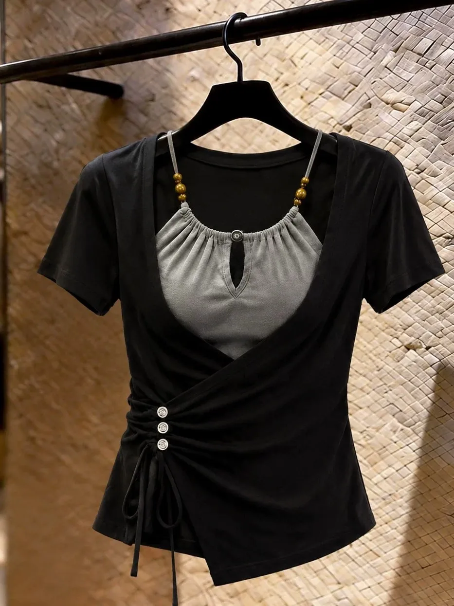 Color Block Short Sleeve T-Shirt Women's Summer plus Size Slimming Split Design Fashionable Breathable Casual round Neck Top