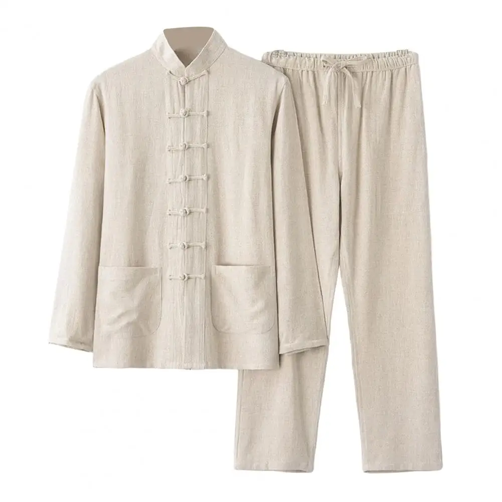 Мужской костюм из двух предметов в китайском стиле, мужской комплект из двух предметов с рубашкой и воротником-стойкой, брюки с эластичным поясом, повседневный костюм с длинными рукавами и дисками
