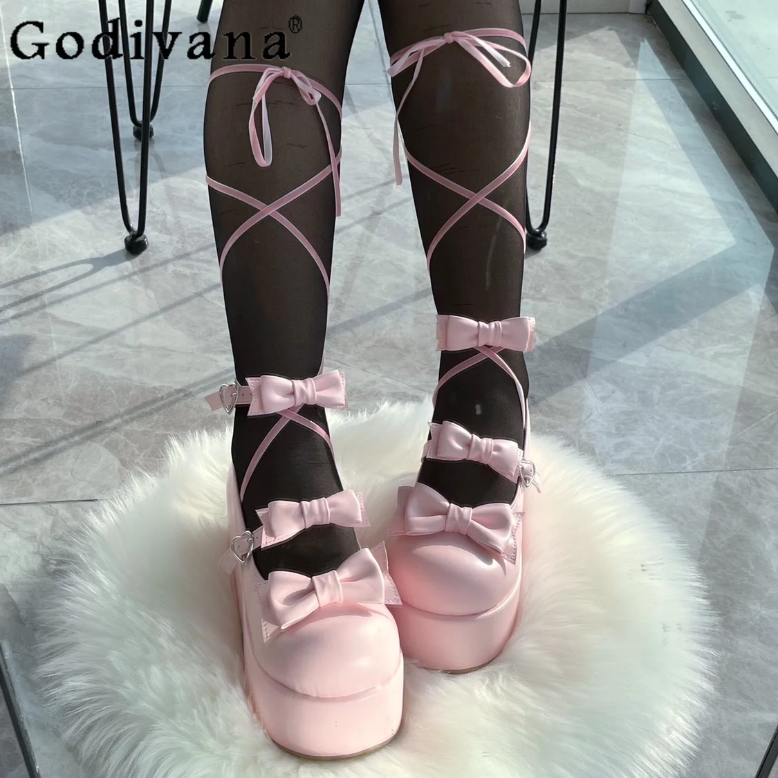 Cute Pink Women Heels Pumps Subculture Hottie High Heel Shoes Bowknot Leather Girl Shoe