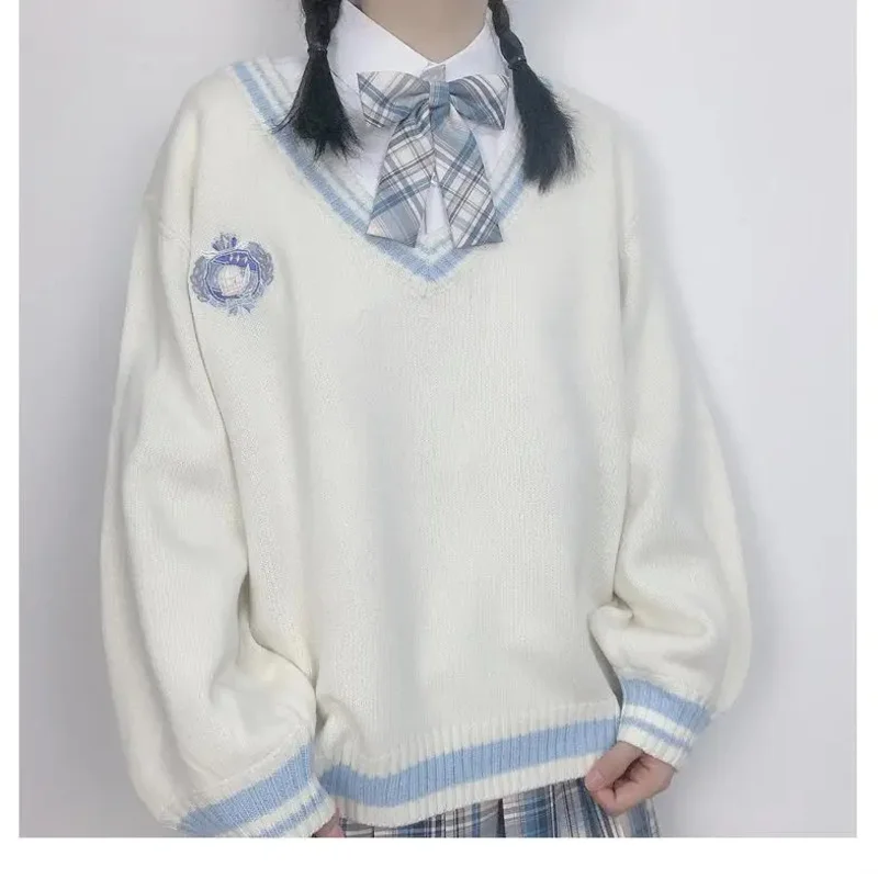 JK Uniform Sweater Korean V-neck Knitted Tops College Style Sweet Female Student Loose Outwear Japanese School Uniform