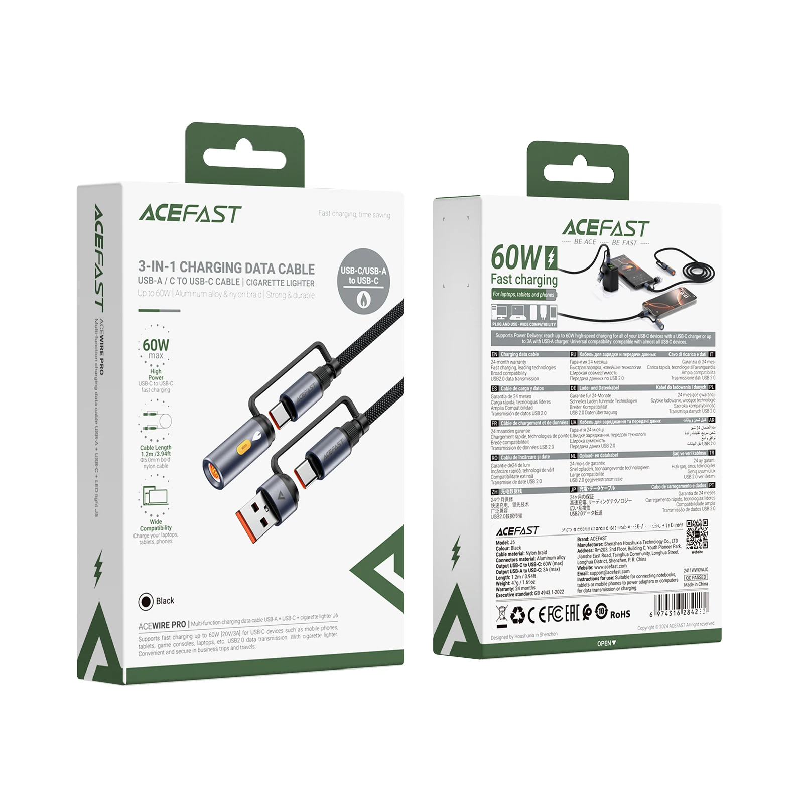 ACEFAST J6 Multi Function Cable with Electric Lighter 60W USB C to C Fast Charging Braided Wired Charging Cord For iPhone 15/16