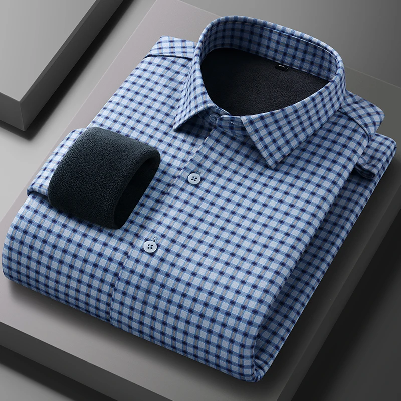 New in shirt winter warm long sleeve shirts for men slim fit formal casual shirt soft plaid Thickened elegant designer clothes