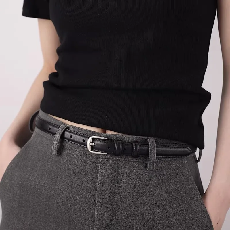 Vintage Top Layer Leather Belt for Women Black Genuine Leather Skinny Belt Ins Style Waist Belt for Dresses Commuter Accessory