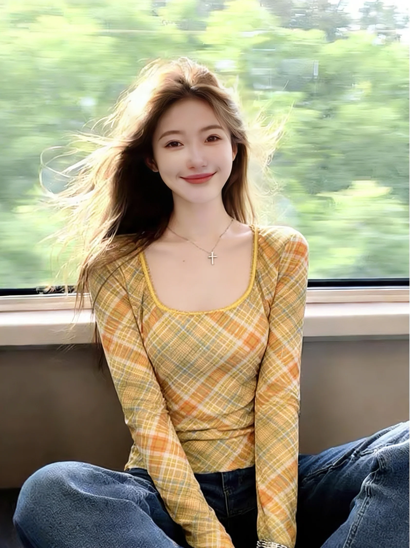 

Slim Fit Square Collar Plaid Tulle Top Women Early Spring New Style Korean Version Long Sleeve Pure Desire Self Kept Item