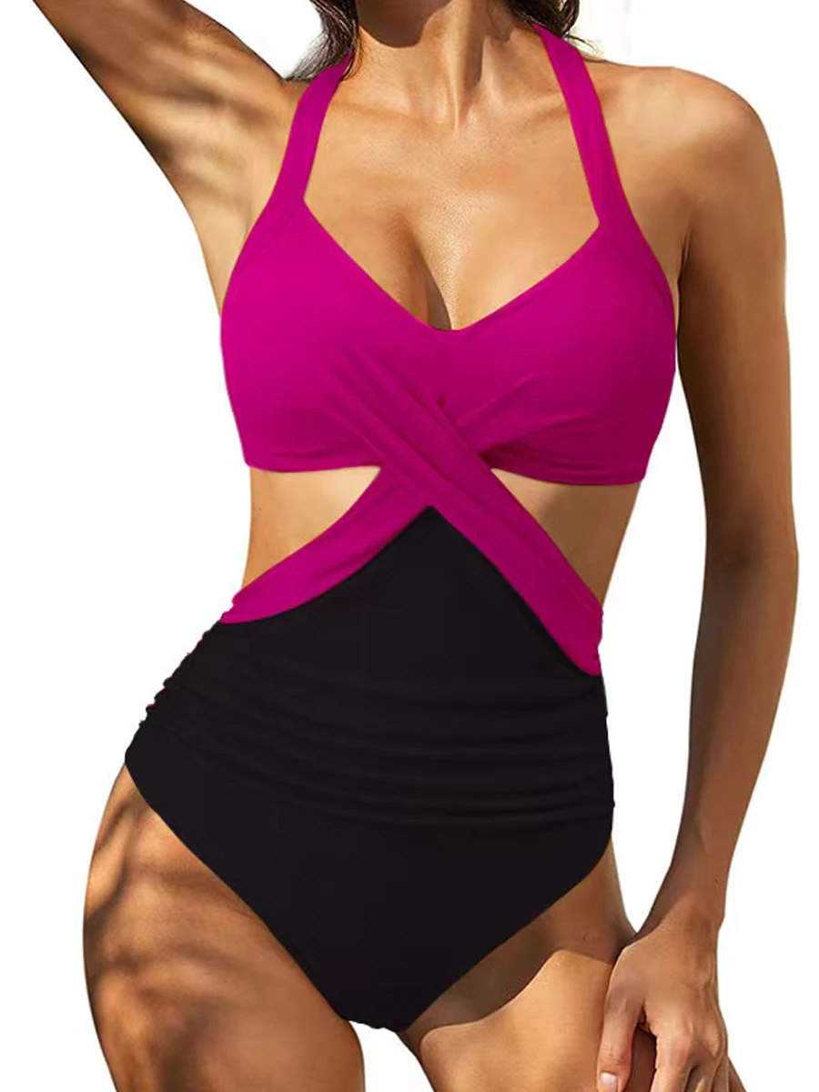 2025 Solid Printed Swimwear Women Halter One Piece Swimsuit Female Swimming Monokini Suit Padded Beachwear Bodysuit Summer image 4