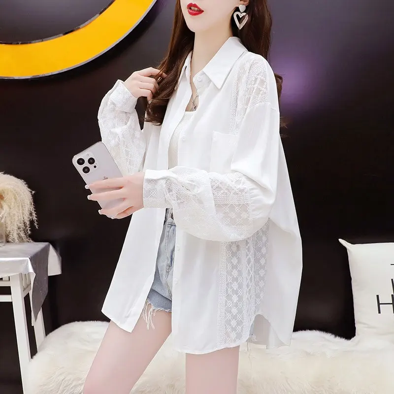 Ice Silk Mid-Length Shirt Women's Summer Thin Breathable Loose Sun Protection Outerwear Cardigan Coat Transparent Mesh Lace