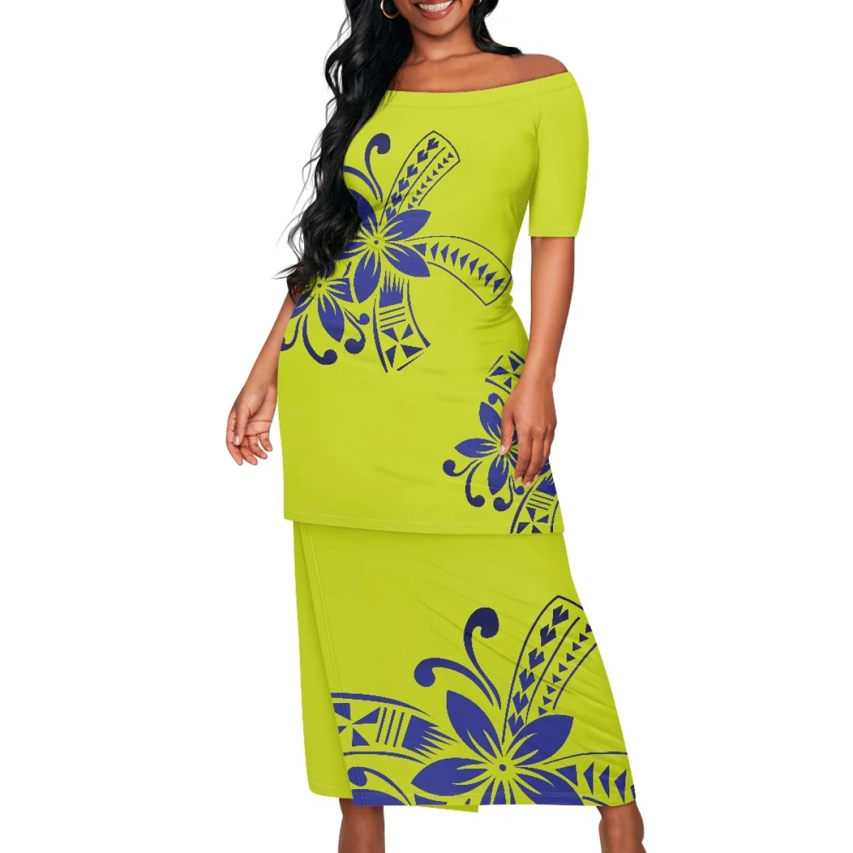 Polynesian Island-Style Women'S Short-Sleeved Puletasi Floral Print Dress Samoan Party Style Evening Dress Set