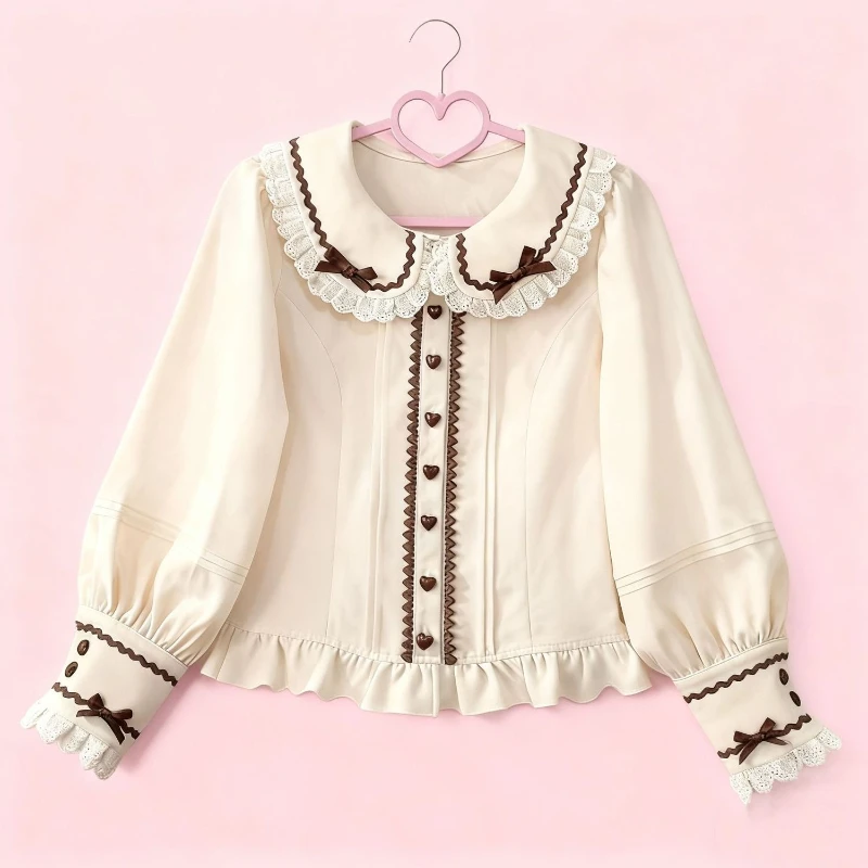 

Новая женская блузка в японском стиле Sweet Lolita, однотонная, с длинным рукавом, в стиле Y2K Harajuku, кавайная, повседневная, модная, с рюшами и бантом