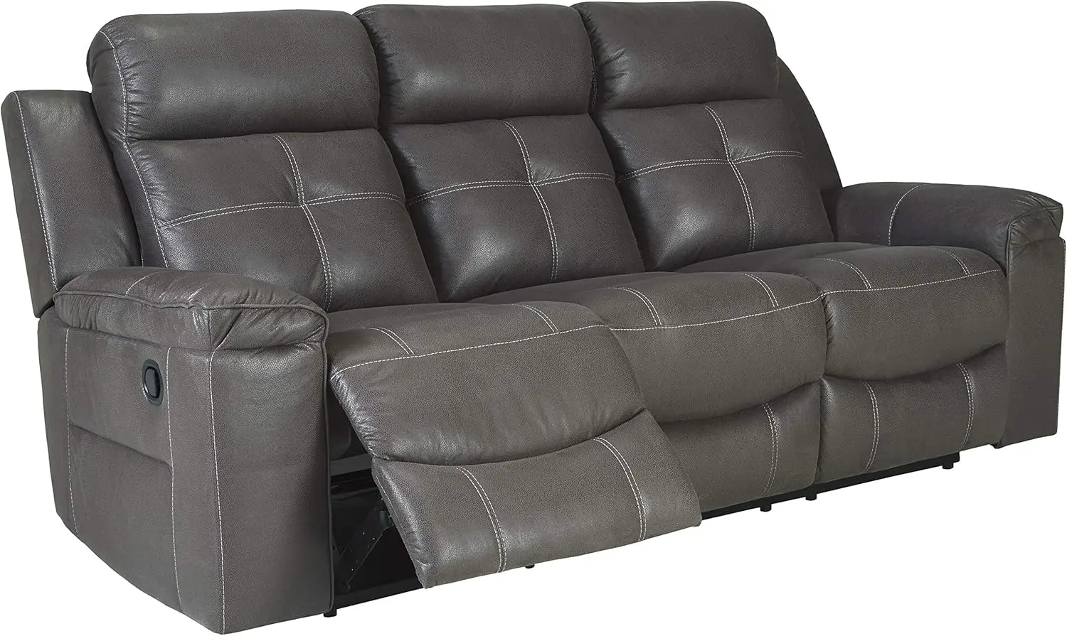 Jesolo Modern Faux Leather Manual Pull Tab Double Reclining Sofa, Dark Gray