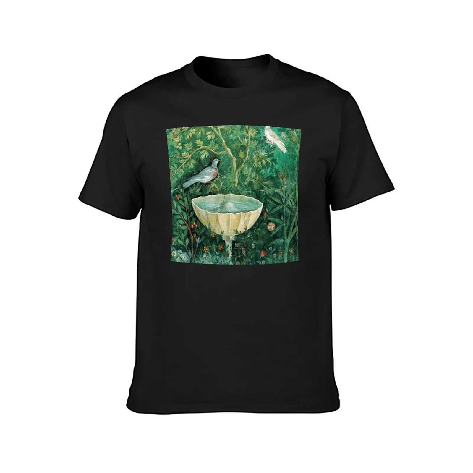 POMPEII COLLECTION,LITTLE BIRDS,DOVES AND FOUNTAIN IN GARDEN ,GREEN FLORAL T-Shirt blacks for a boy t shirts men