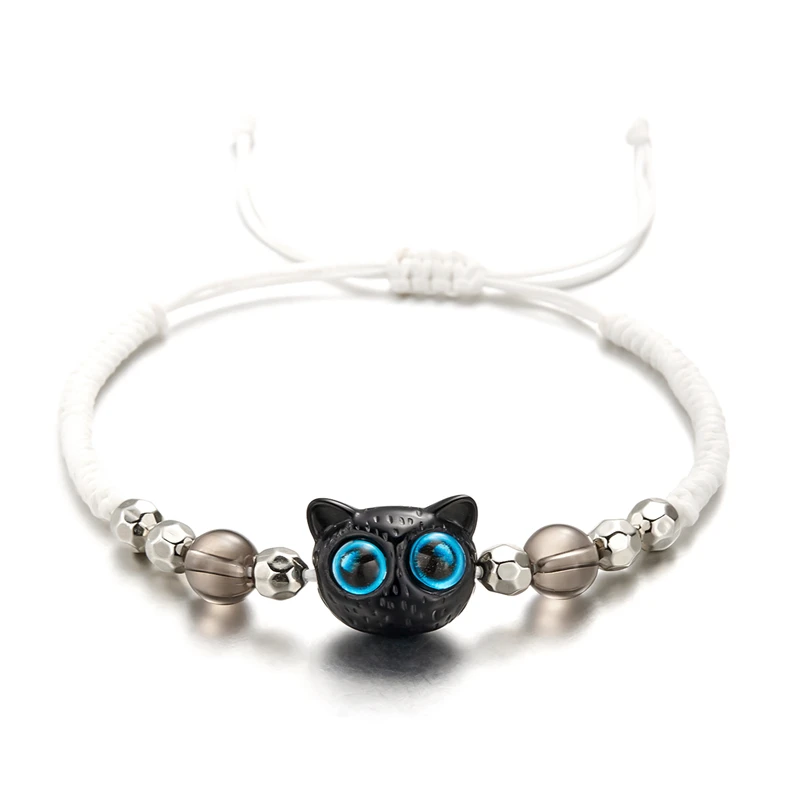 Cute Cartoon Animal Bracelet Big Eye Cat Adjustable White Rope Bracelet For Couple Friendship Unique Black Cat Bead Charm Jewelr