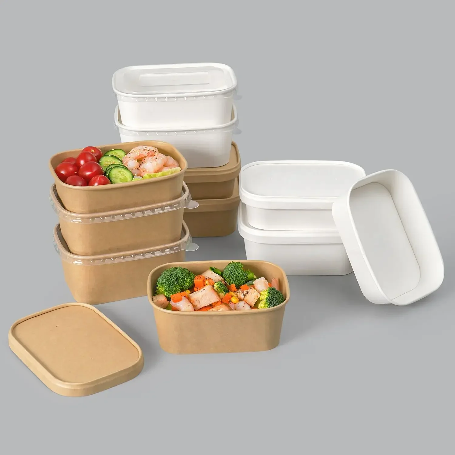 50pcs Disposable Kraft Paper Packing Box Rectangular Takeaway Food Grade Meal Boxs Fruit Salad Bento Fast Food Picnic Lunch Case