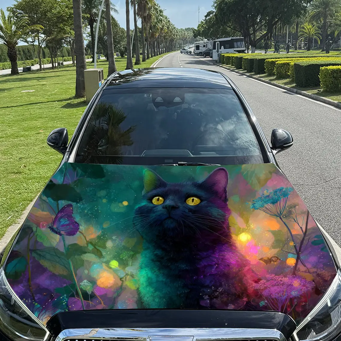 

Neon Hued Cat & Butterflies Car Vinyl Wrap, PVC Material Waterproof Car Hood Sticker, Self-Adhesive Scratch-Resistant Stickers f