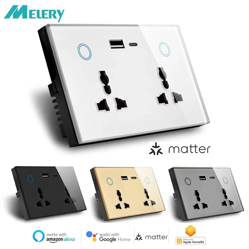 Melery Matter Thread Smart Wall Socket Tempered Glass USB Type-c Fast Charge Port 20W by Homekit Alexa Google Home SmartThings