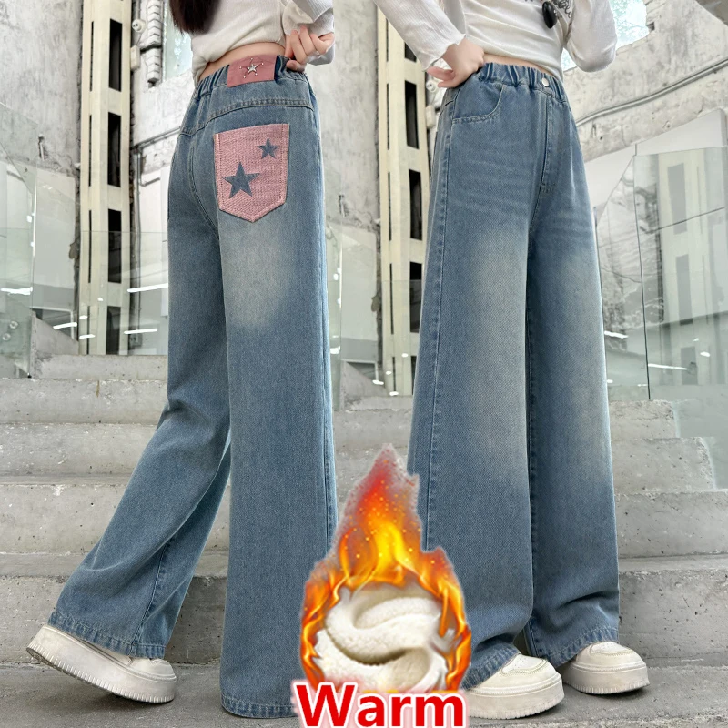 

Stylish School Girl Fashion Winter Straight Jeans with Fleece Lined Kids Children Warm Thermal Blue Denim Pants Age 5-14 Years
