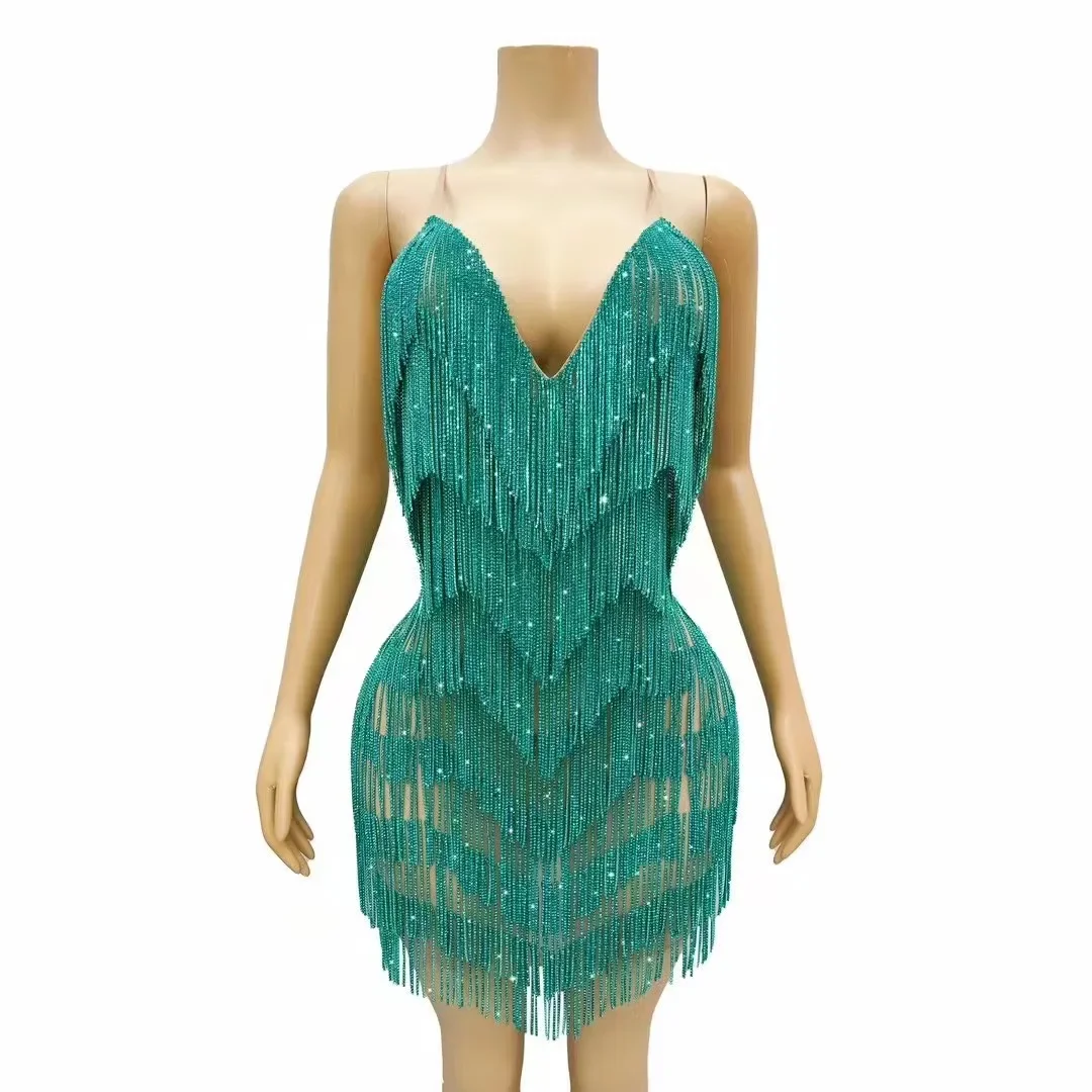 

Women Evening Prom Birthday Party Photo Shoot Dress Show Stage Wear Sparkly Rhinestones Chains Backless Sleeveless Short Dress