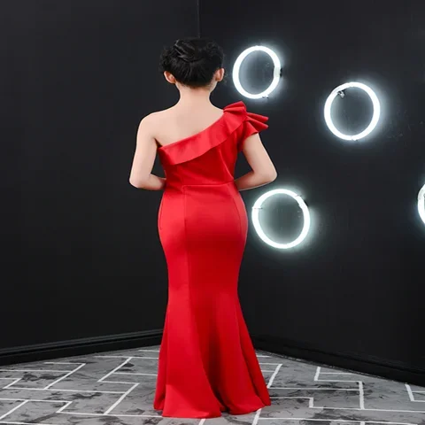 Ruffle Sexy Slit Kid Evening Dress Children Girl Bodycon One Shoulder Ball Gowns Birthday Elegant Mermaid Wedding Party Dresses