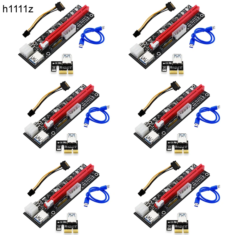 

6 PCS PCIE Riser for Video Card Riser PCI Express X16 Extender PCI-E 1X Card Molex 4Pin 6Pin SATA Power LED for BTC Miner Mining