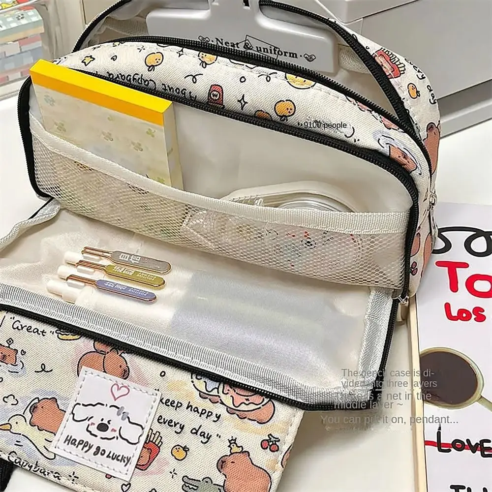 Cute Cartoon Print Pencil Case Portable Large Capacity Pen Bag Multi-functional Stationery Storage Pouch Office School Supplies