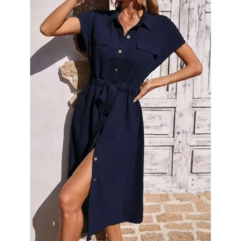 Vestidos nuevos 2025, moda de verano para mujer, camisa cómoda con cuello, falda en la cintura, ropa para mujer, Tops