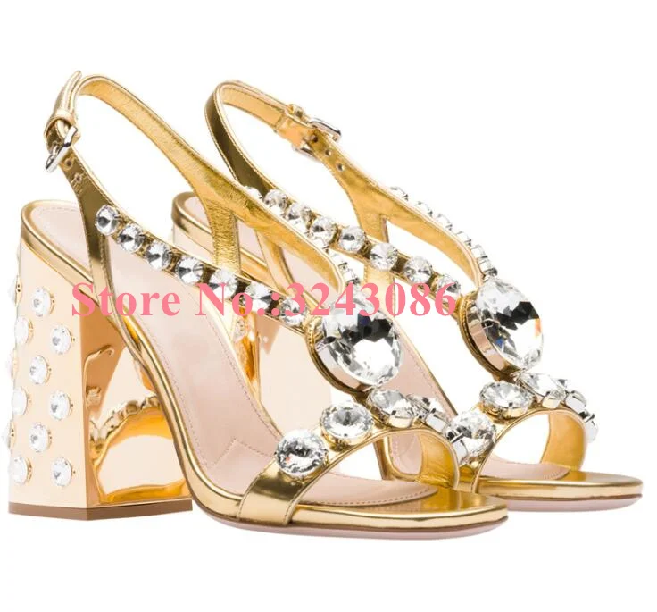 New Gold Color Crystal Chunky Heel Sandals Woman Fashion Jewel Decor Peep Toe Thick Heel Sandals Lady Dress Shoes Dropship