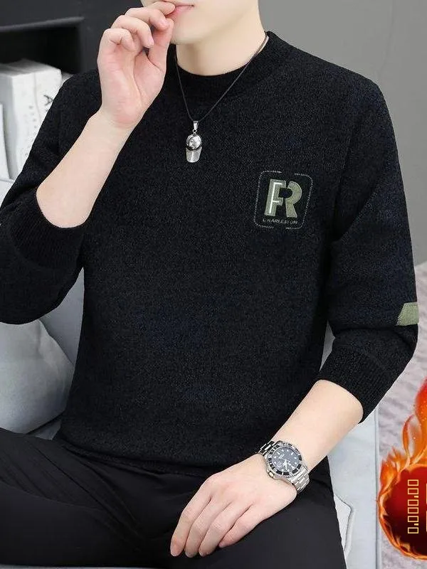 

Мужской зимний теплый вязаный свитер с круглым вырезом, повседневный, модный, цельный, шерстяной, вязаный свитер-камера