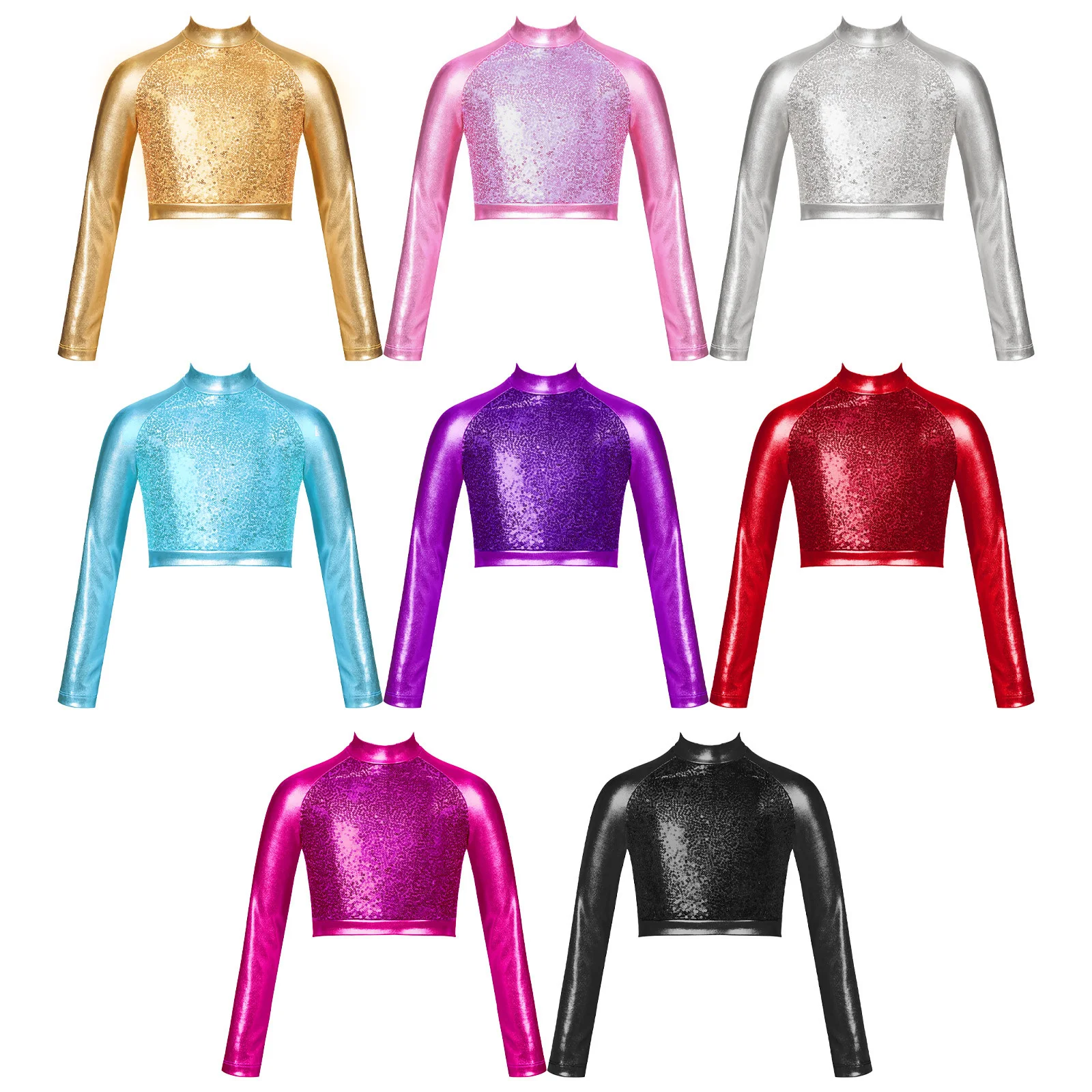 Kids Girls Shiny Metallic Hip Hop Dance Crop Top Sequins Long Sleeve T-Shirt Jazz Latin Ballet Modern Dancing Stage Performance