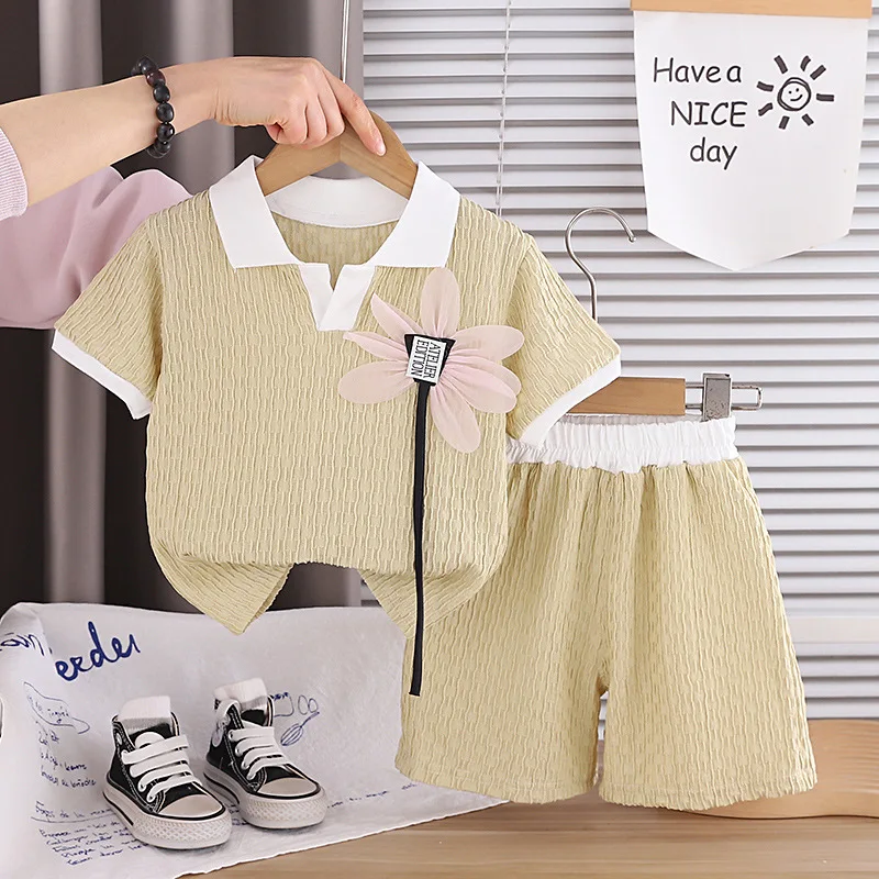 2PCS Toddler Girls Outfit Set 2026 New Baby Girl Sweet Summer Casual Flower Decor Textured Polo Shirt and Shorts Kids Clothes