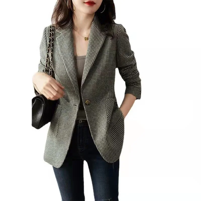 2023 Spring Autumn Winter Women New Fashionable Design Thick Suit British Style Slim Thousand Bird Checker One Button Coat Trend