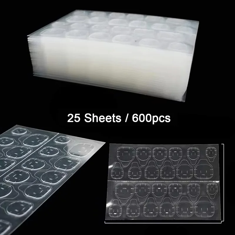 25 Sheets/600 Pieces Double-Sided Adhesive Nail Stickers Waterproof Breathable Fake Nail Glue Stickers Jelly-Type Fake Nail Tips