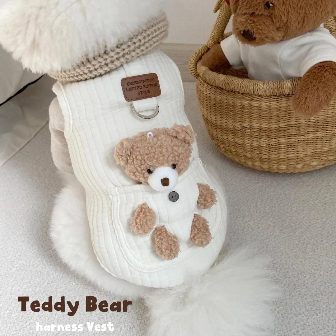 Winter New INS Cotton Dog Clothes Pocket Little Bear Cotton Jacket Vest Chest Back Pet Dog Cat Warm Printed Bear Sleeveless