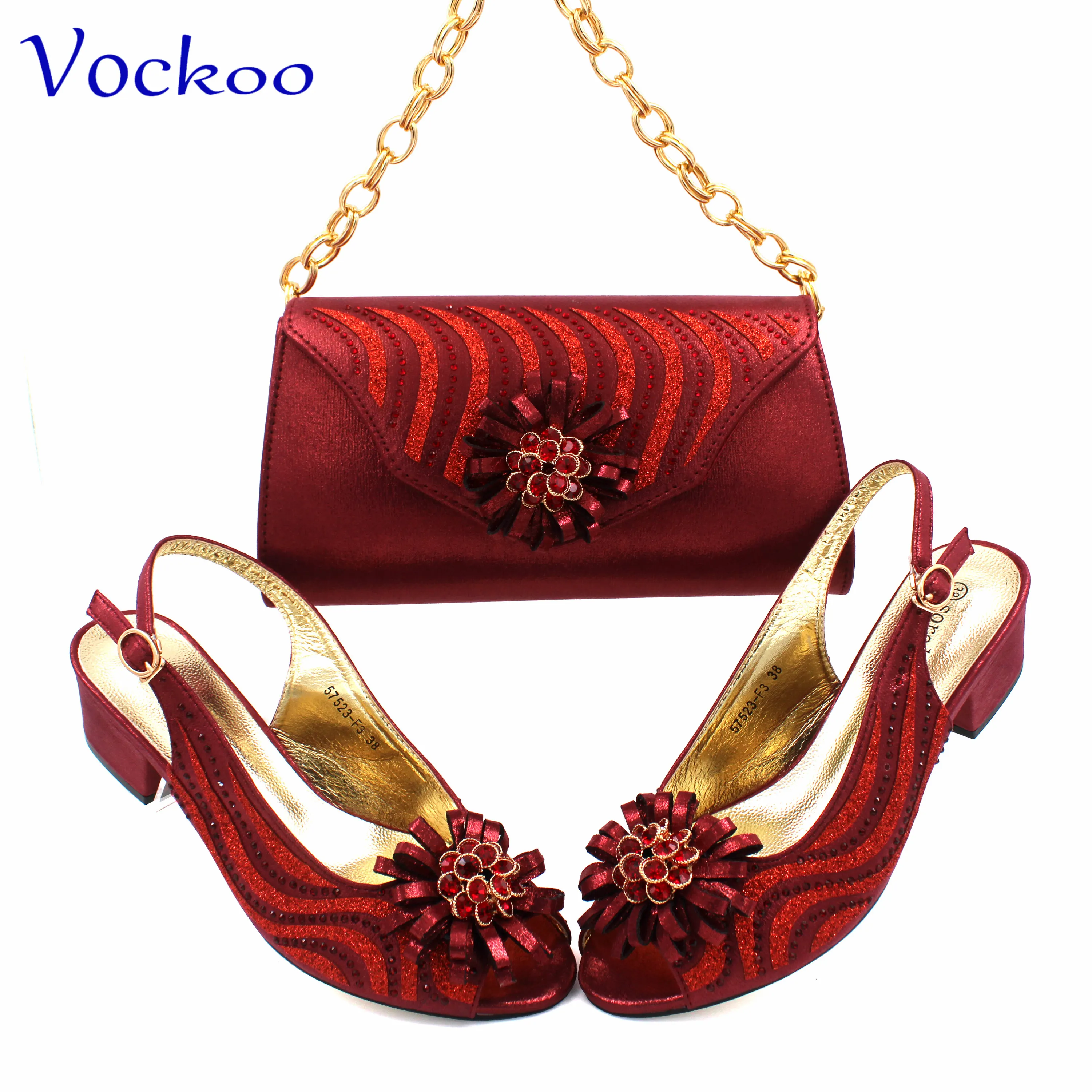 Mode Neues Design Afrikanische Elegante Damenschuhe Passende Tasche Set in Weinfarbe Slingpumps Peep Toe Low Heels für Hochzeit