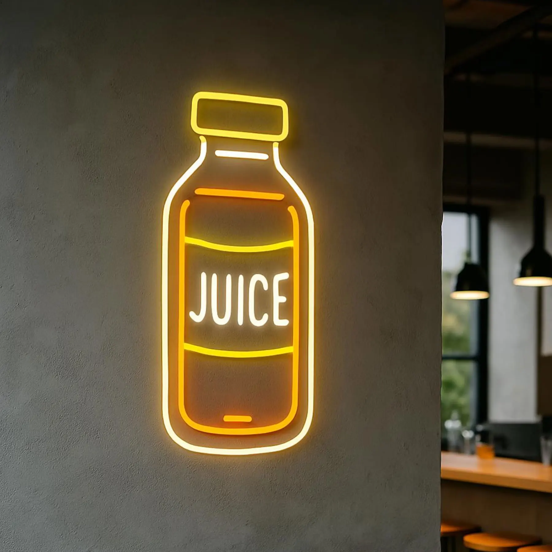 Juice Bar Neon Sign Glass of Juice Restaurant Wall Art Hanging Smoothie with Ice, Fruit Swirl Shop Open Decor
