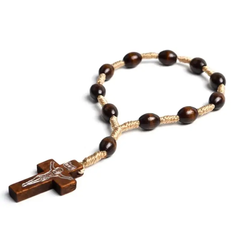 Natural Wood Rosary Beads Bracelet Mini Cross Finger Style Lightweight  Jewelry for Baptism First Communion