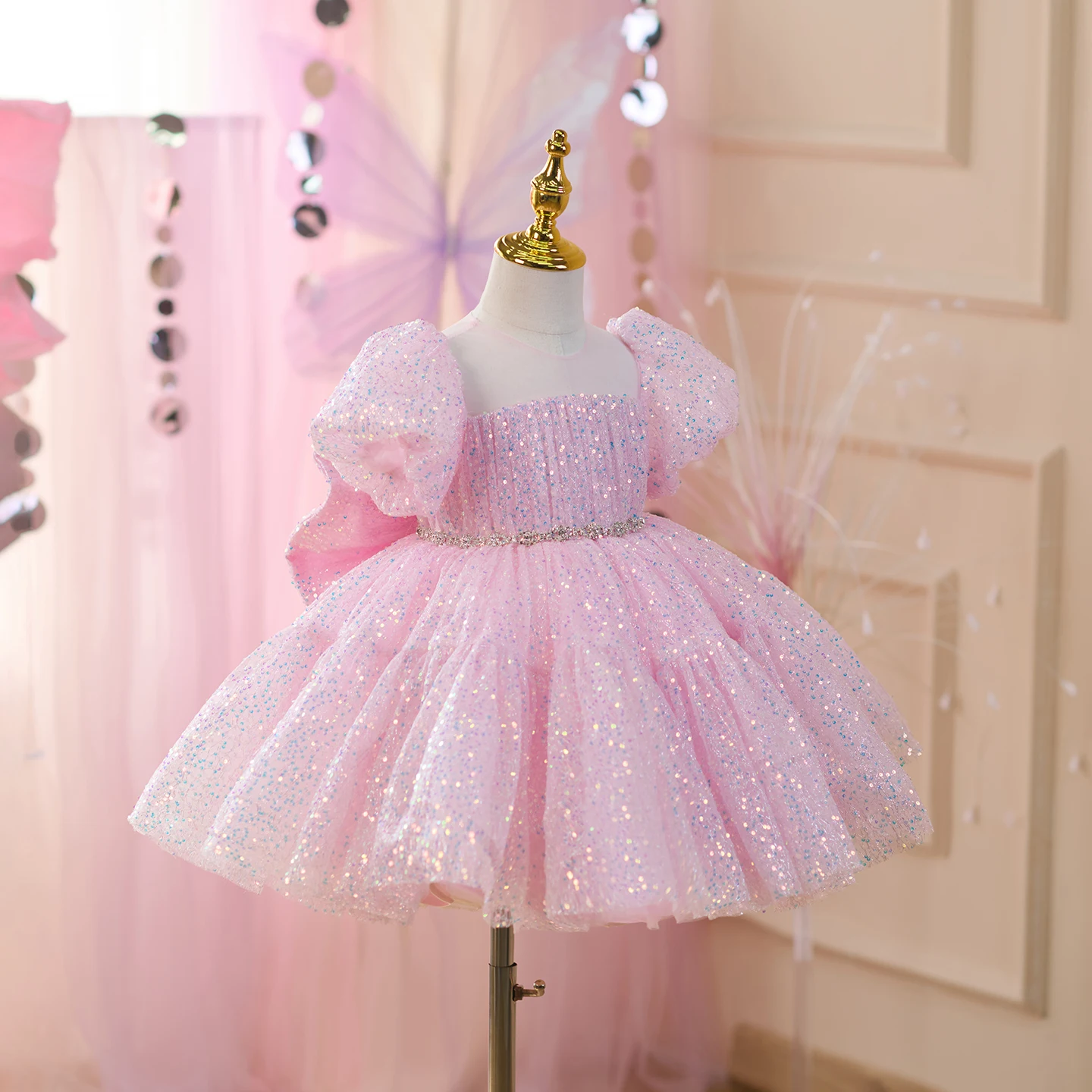 Dreamy Vow splendido abito da bambina rosa in tulle con paillettes con fiocco, matrimonio, compleanno, festa, lunghezza al ginocchio, abito da ballo J818