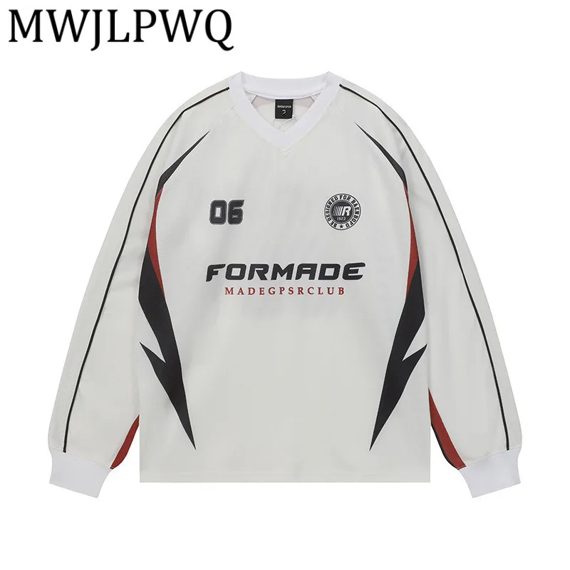 

MWJLPWQ V-neck Printed Male Autumn T-Shirt New American Style Modish Color Block Long Sleeve Casual Men's Tops 2025 Chic 21626