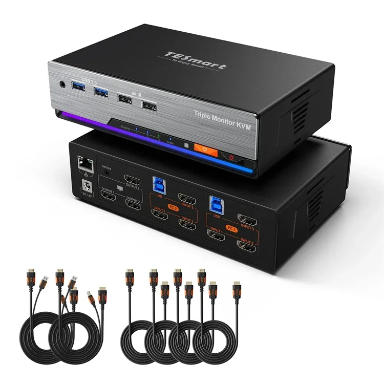 New TESmart Triple 4K60Hz HDMI KVM Switch Gaming Dock For 2 PCs & 3 Monitors, W/ EDID 2x3 Video Switcher