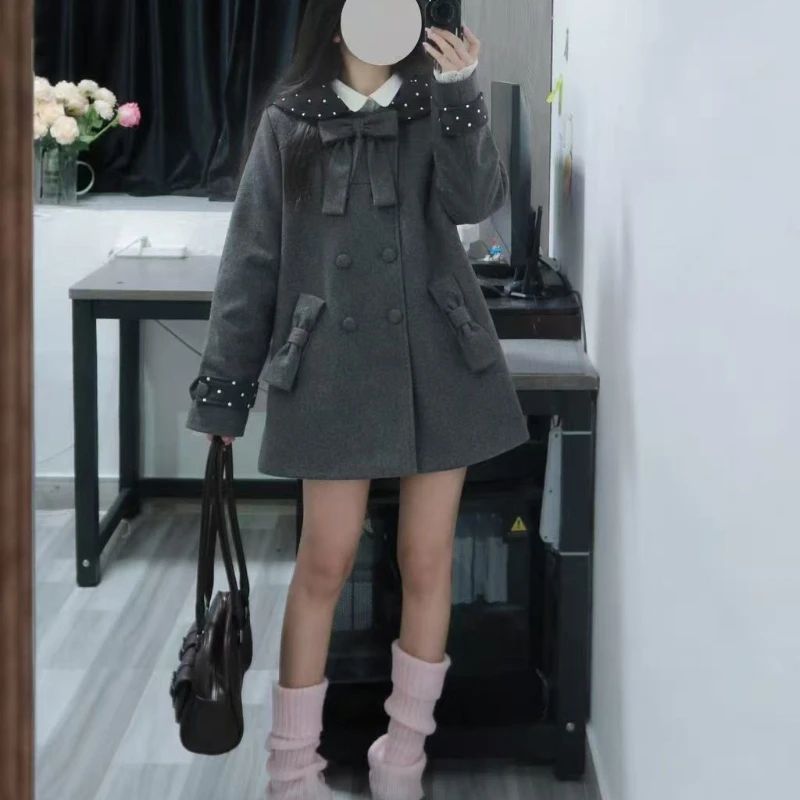 Womens Sweet Lolita Hooded Coated Wool Blended Double Breasted Overcoat, Polka Dot Hood Bow Decor Winter Warm Jacket for Cosplay
